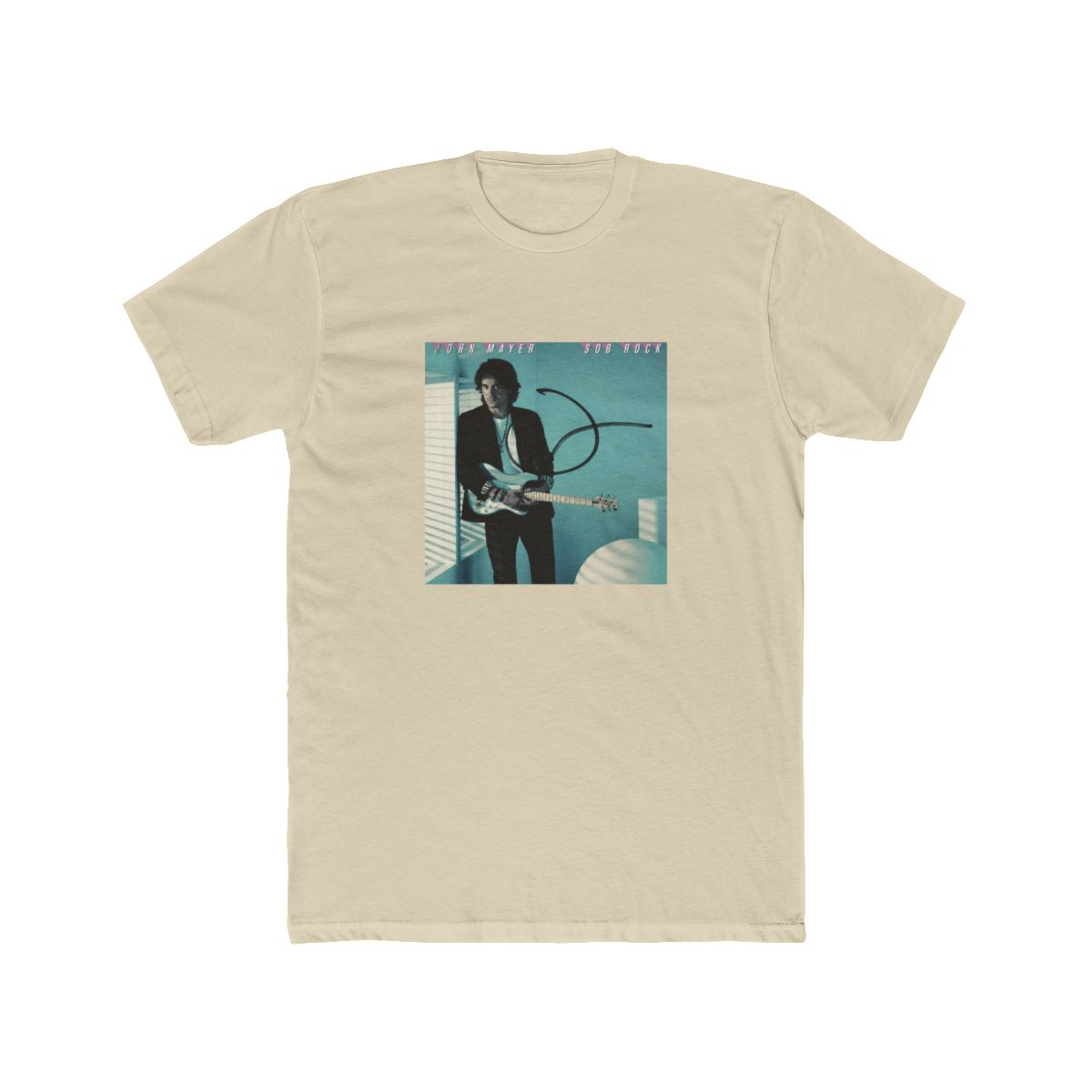 A man with dark hair is playing a blue electric guitar. He is wearing a black jacket, a white T Shirt, and black trousers. The background is a light blue colour with a black squiggle design. The album... - alternate angle 4, merchandise
