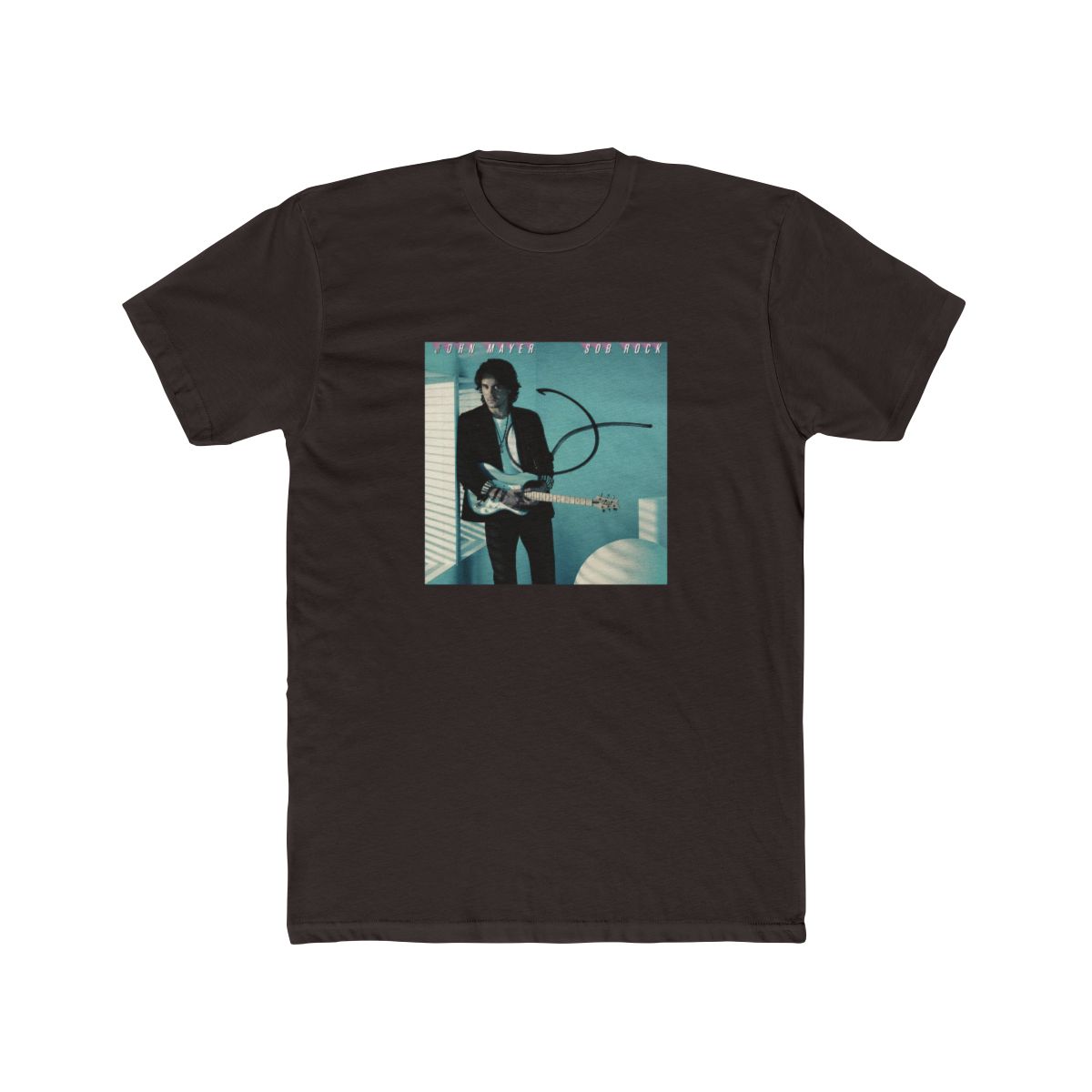 A man with dark hair is playing a blue electric guitar. He is wearing a black jacket, a white T Shirt, and black trousers. The background is a light blue colour with a black squiggle design. The album... - alternate angle 3, merchandise