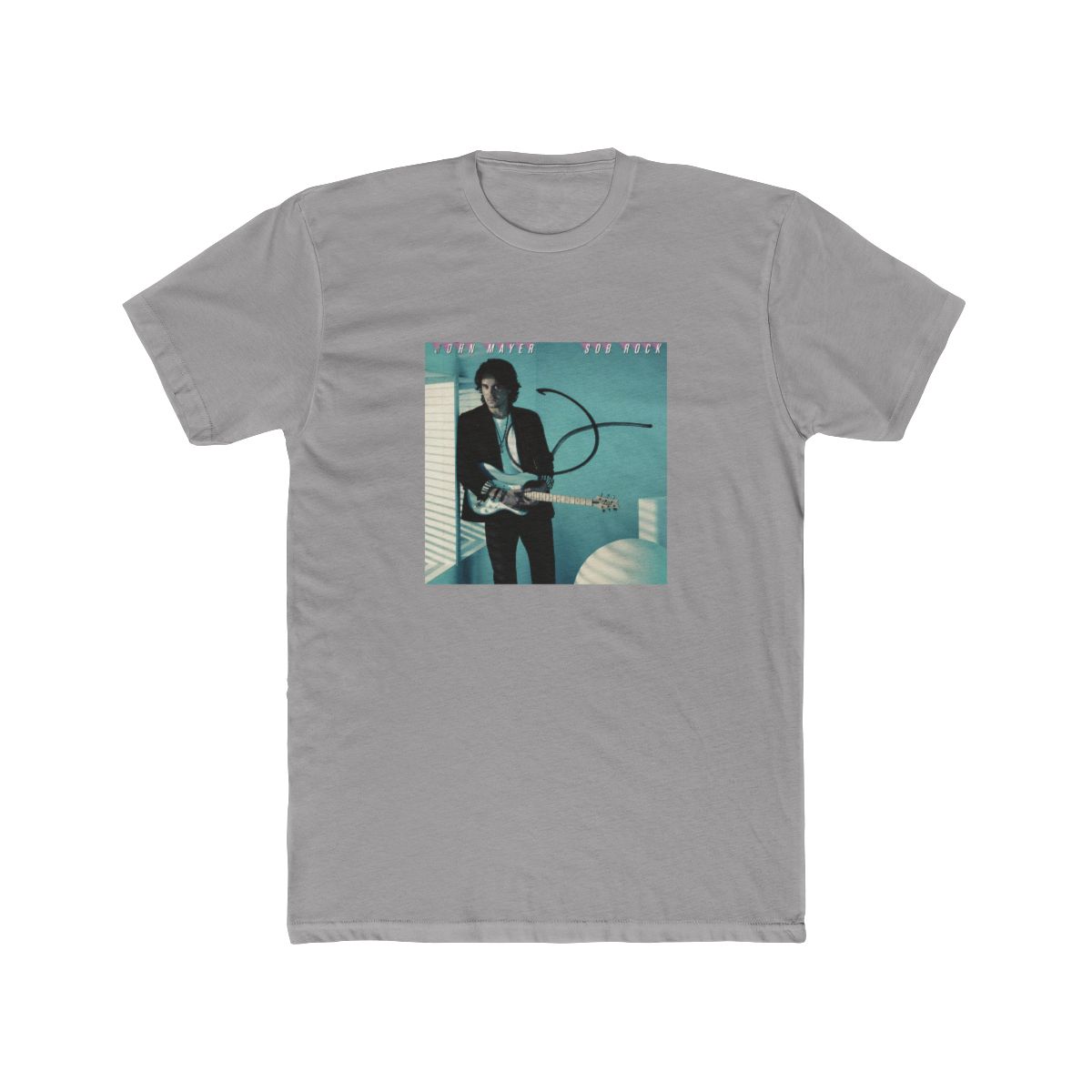 A man with dark hair is playing a blue electric guitar. He is wearing a black jacket, a white T Shirt, and black trousers. The background is a light blue colour with a black squiggle design. The album... - alternate angle 2, merchandise